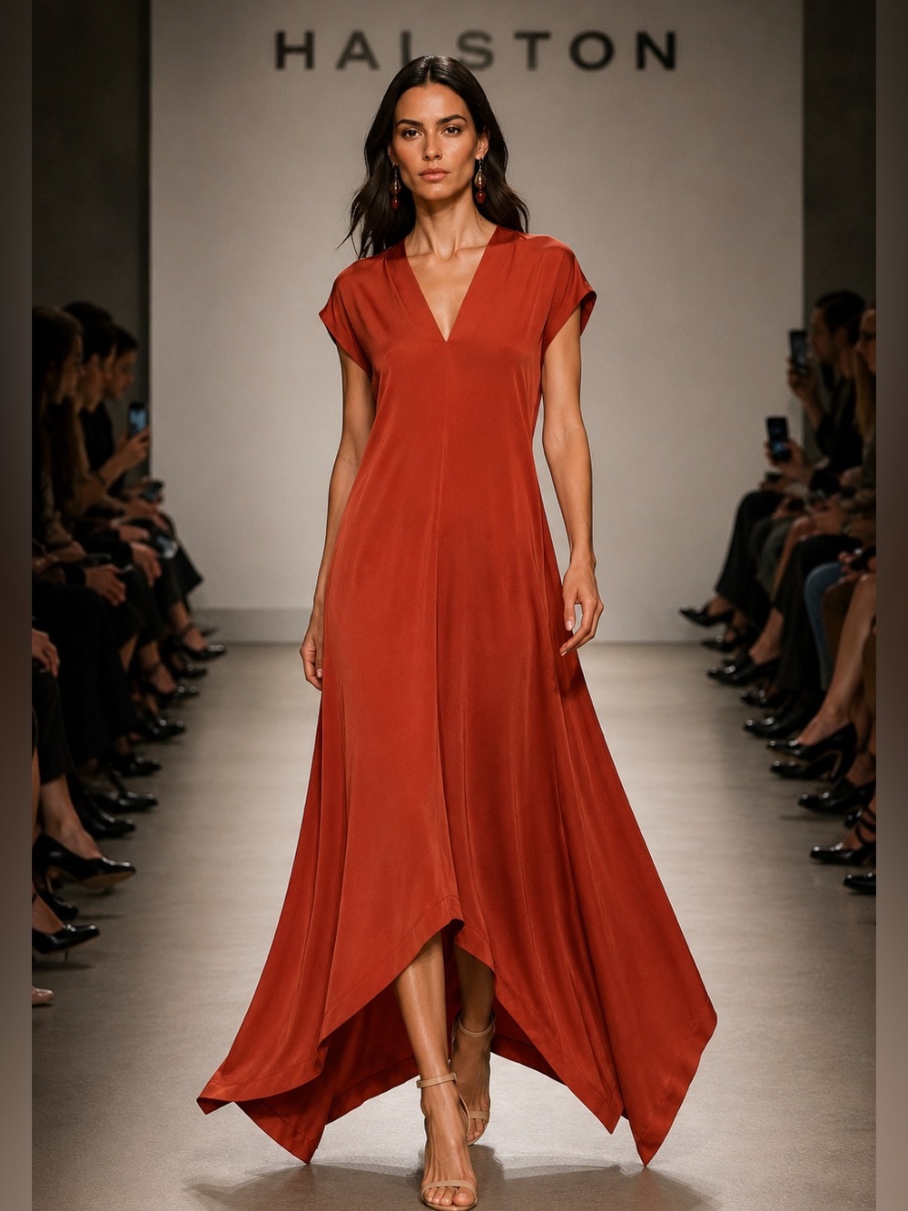 Halston Rust Orange Satin Asymmetrical Maxi Dress Handkerchief Hem V-Neck NWOT